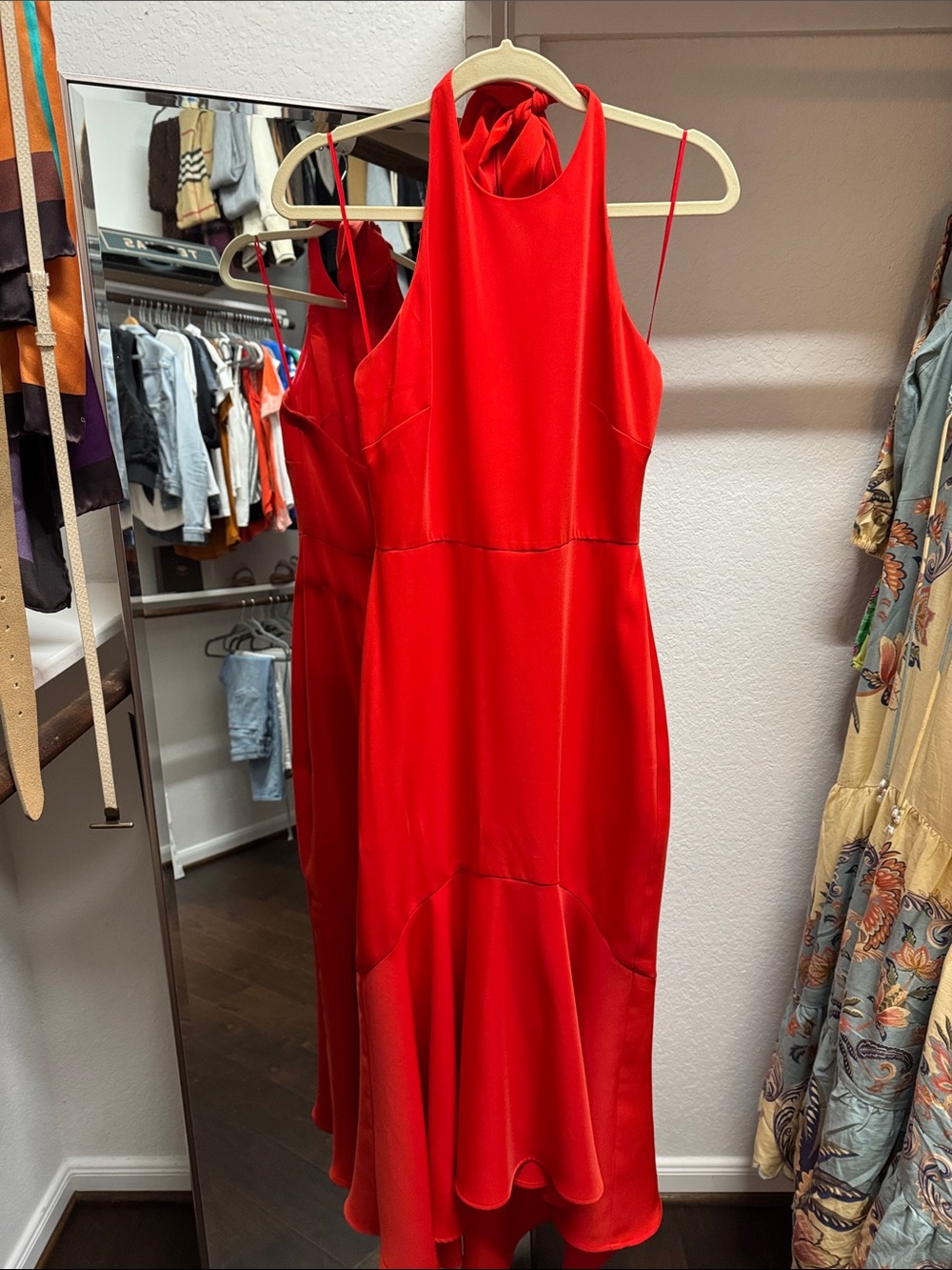 Badgley Mischka Red Halter Midi Dress